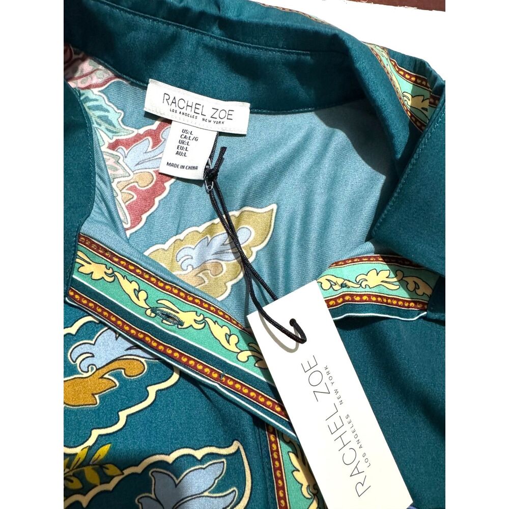 Rachel Zoe button up shirt tropical floral vacation resort green women L New - Picture 3 of 5